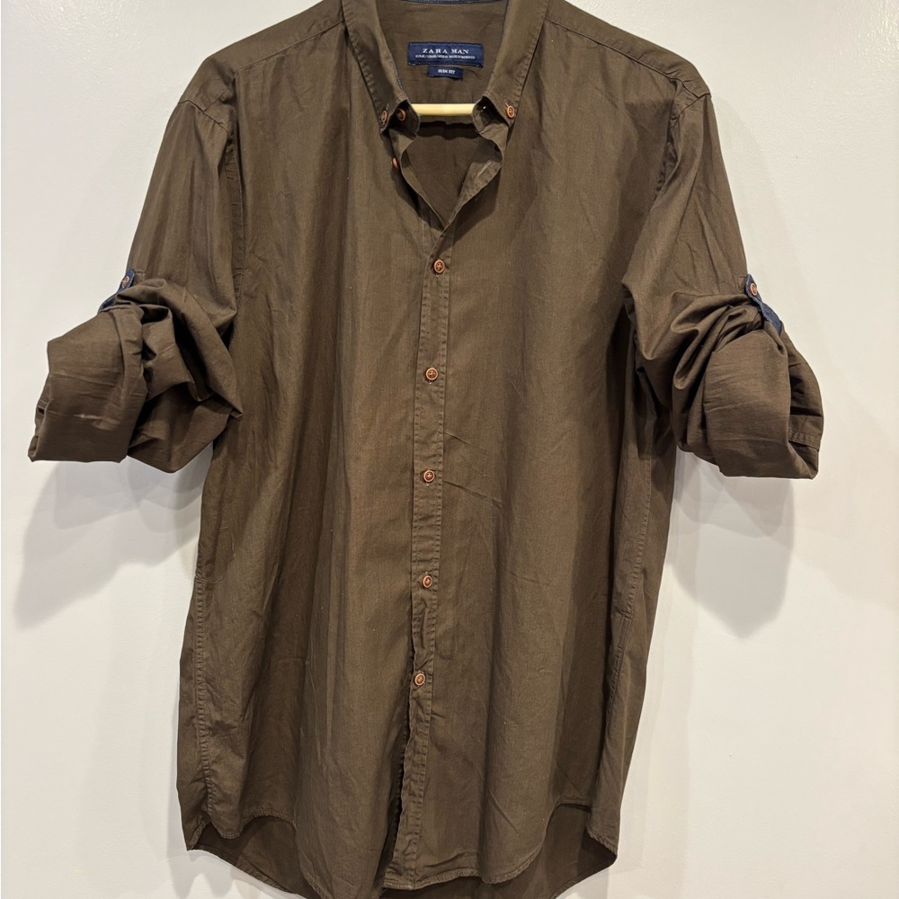 Zara Men's Olive Button Down Shirt